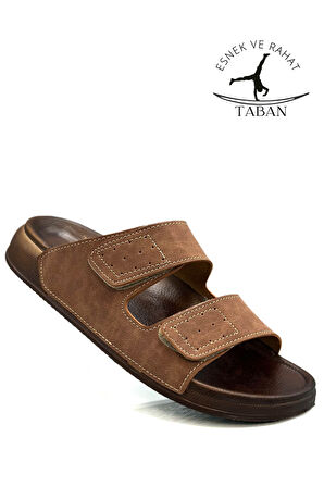 Sermoda Çift Toka Ayarlanabilir Genişlik Esnek Rahat Deri Erkek Terlik 25103 C Taba