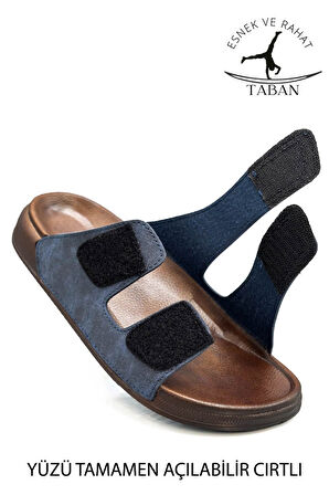 Sermoda Çift Toka Ayarlanabilir Genişlik Esnek Rahat Deri Erkek Terlik 25103 C Lacivert