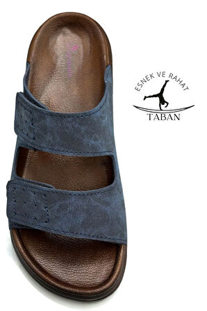 Sermoda Çift Toka Ayarlanabilir Genişlik Esnek Rahat Deri Erkek Terlik 25103 C Lacivert