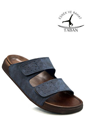 Sermoda Çift Toka Ayarlanabilir Genişlik Esnek Rahat Deri Erkek Terlik 25103 C Lacivert
