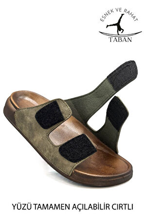 Sermoda Çift Toka Ayarlanabilir Genişlik Esnek Rahat Deri Erkek Terlik 25103 C Haki