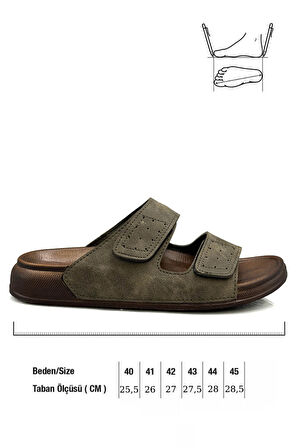 Sermoda Çift Toka Ayarlanabilir Genişlik Esnek Rahat Deri Erkek Terlik 25103 C Haki