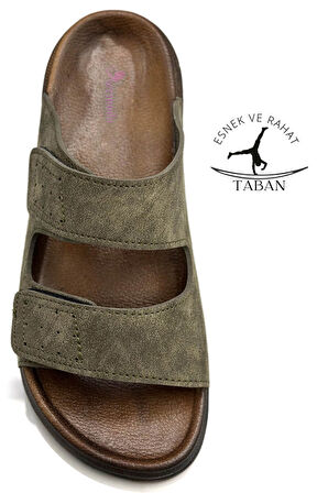 Sermoda Çift Toka Ayarlanabilir Genişlik Esnek Rahat Deri Erkek Terlik 25103 C Haki