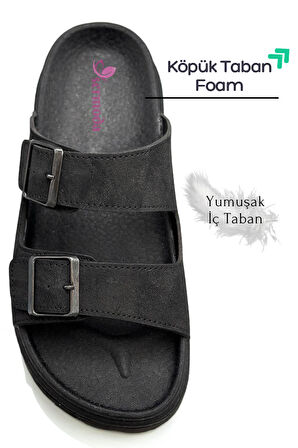 Sermoda Çift Toka Ayarlanabilir Genişlik Köpük Taban Rahat Deri Erkek Terlik Siyah