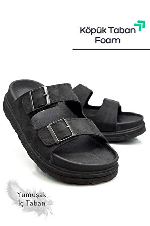Sermoda Çift Toka Ayarlanabilir Genişlik Köpük Taban Rahat Deri Erkek Terlik Siyah