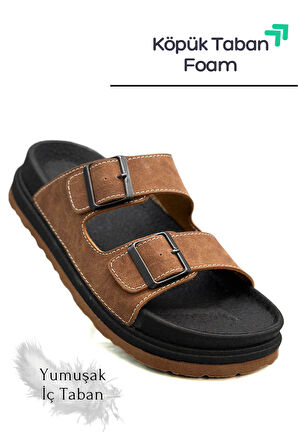 Sermoda Çift Toka Ayarlanabilir Genişlik Köpük Taban Rahat Deri Erkek Terlik Taba