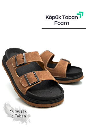 Sermoda Çift Toka Ayarlanabilir Genişlik Köpük Taban Rahat Deri Erkek Terlik Taba