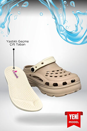 Sermoda Yüksek Çift Taban Taşlı Deniz Havuz Sabo Doktor Hemşire Hastane Comfort Günlük Kadın Terlik Vizon