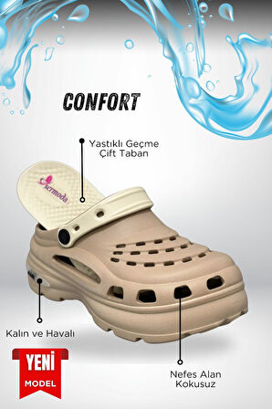 Sermoda Yüksek Çift Taban Taşlı Deniz Havuz Sabo Doktor Hemşire Hastane Comfort Günlük Kadın Terlik Vizon