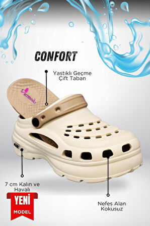 Sermoda Yüksek Çift Taban Taşlı Deniz Havuz Sabo Doktor Hemşire Hastane Comfort Günlük Kadın Terlik Ekru