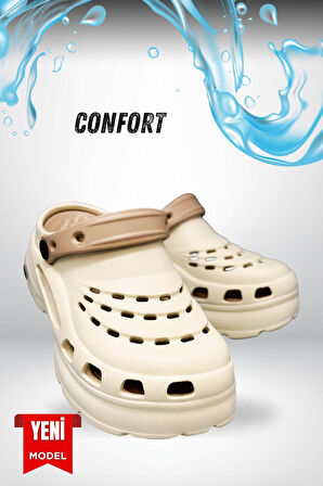 Sermoda Yüksek Çift Taban Taşlı Deniz Havuz Sabo Doktor Hemşire Hastane Comfort Günlük Kadın Terlik Ekru