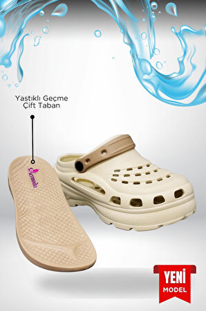 Sermoda Yüksek Çift Taban Taşlı Deniz Havuz Sabo Doktor Hemşire Hastane Comfort Günlük Kadın Terlik Ekru