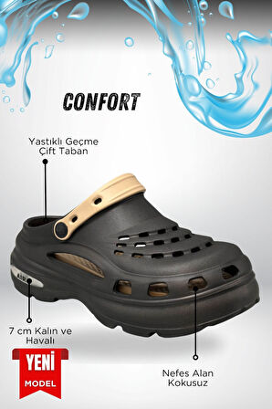 Sermoda Yüksek Çift Taban Taşlı Deniz Havuz Sabo Doktor Hemşire Hastane Comfort Günlük Kadın Terlik Siyah Vizon