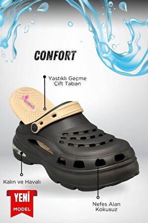 Sermoda Yüksek Çift Taban Taşlı Deniz Havuz Sabo Doktor Hemşire Hastane Comfort Günlük Kadın Terlik Siyah Vizon
