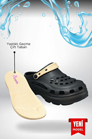 Sermoda Yüksek Çift Taban Taşlı Deniz Havuz Sabo Doktor Hemşire Hastane Comfort Günlük Kadın Terlik Siyah Vizon