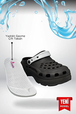 Sermoda Yüksek Çift Taban Taşlı Deniz Havuz Sabo Doktor Hemşire Hastane Comfort Günlük Kadın Terlik Siyah Gri