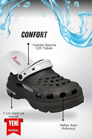 Sermoda Yüksek Çift Taban Taşlı Deniz Havuz Sabo Doktor Hemşire Hastane Comfort Günlük Kadın Terlik Siyah Gri