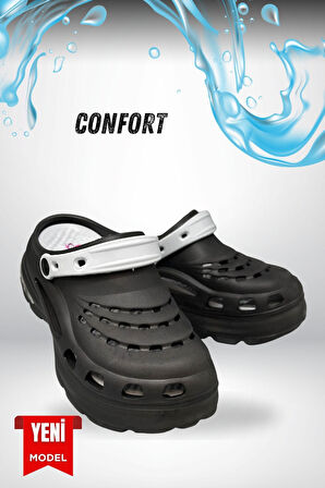 Sermoda Yüksek Çift Taban Taşlı Deniz Havuz Sabo Doktor Hemşire Hastane Comfort Günlük Kadın Terlik Siyah Gri