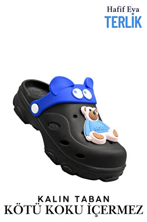 Sermoda Gözlük Desen Ayıcıklı Eva Çocuk Plaj Havuz Terlik Sabo Terlik Siyah Mavi