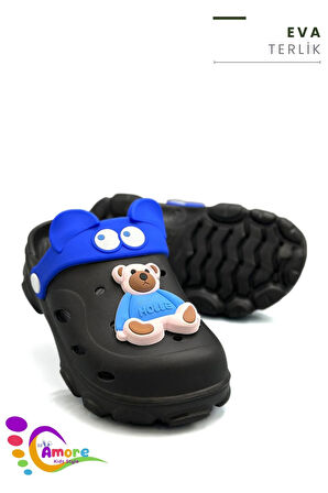 Sermoda Gözlük Desen Ayıcıklı Eva Çocuk Plaj Havuz Terlik Sabo Terlik Siyah Mavi