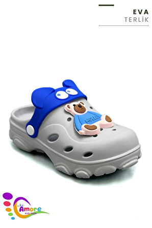 Sermoda Gözlük Desen Ayıcıklı Eva Çocuk Plaj Havuz Terlik Sabo Terlik Gri Mavi