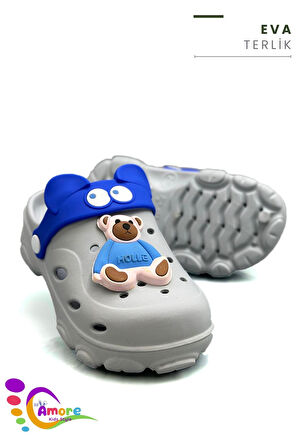 Sermoda Gözlük Desen Ayıcıklı Eva Çocuk Plaj Havuz Terlik Sabo Terlik Gri Mavi