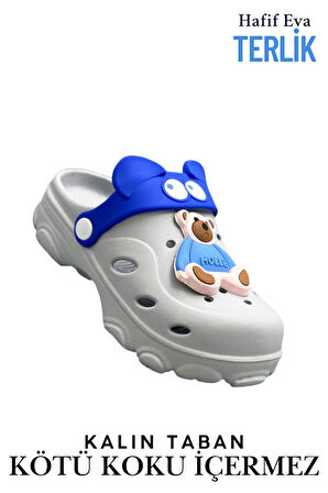 Sermoda Gözlük Desen Ayıcıklı Eva Çocuk Plaj Havuz Terlik Sabo Terlik Gri Mavi