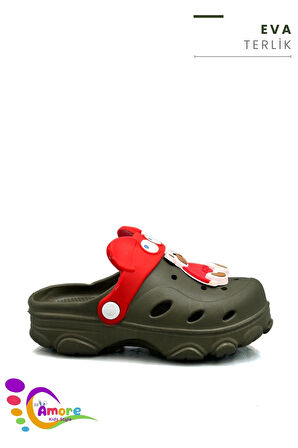 Sermoda Gözlük Desen Ayıcıklı Eva Çocuk Plaj Havuz Terlik Sabo Terlik Haki Kırmızı