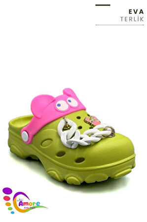 Sermoda Gözlük Desen Zincirli Eva Kız Çocuk Plaj Havuz Terlik Sabo Terlik Fıstık Yeşili