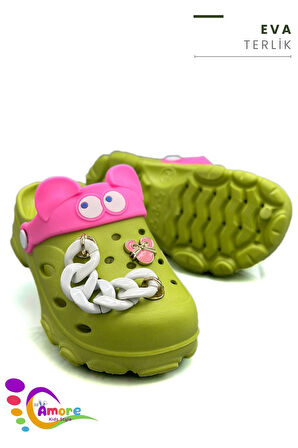 Sermoda Gözlük Desen Zincirli Eva Kız Çocuk Plaj Havuz Terlik Sabo Terlik Fıstık Yeşili