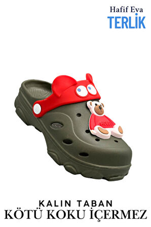 Sermoda Gözlük Desen Ayıcıklı Eva Çocuk Plaj Havuz Terlik Sabo Terlik Haki Kırmızı