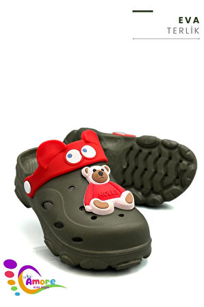 Sermoda Gözlük Desen Ayıcıklı Eva Çocuk Plaj Havuz Terlik Sabo Terlik Haki Kırmızı