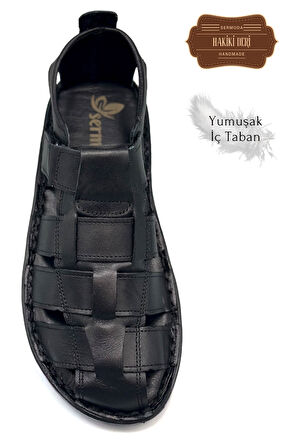 Sermoda Hakiki Deri Burnu Kapalı Erkek Sandalet Siyah