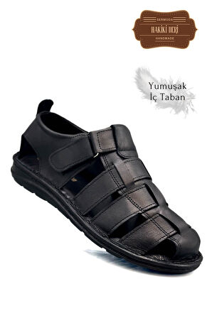 Sermoda Hakiki Deri Burnu Kapalı Erkek Sandalet Siyah