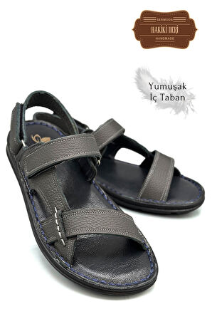 Sermoda Hakiki Gerçek Deri Cırtlı Erkek Sandalet Şırıngıl Füme