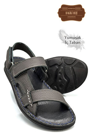 Sermoda Hakiki Gerçek Deri Cırtlı Erkek Sandalet Şırıngıl Füme