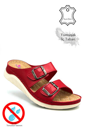 Çift Bant Tokalı Yumuşak ve Hafif Kalın Tabanlı Kadın Terlik Spor Terlik 521/1 Kırmızı