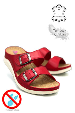 Çift Bant Tokalı Yumuşak ve Hafif Kalın Tabanlı Kadın Terlik Spor Terlik 521/1 Kırmızı