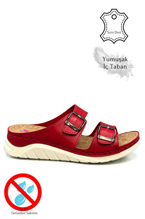 Çift Bant Tokalı Yumuşak ve Hafif Kalın Tabanlı Kadın Terlik Spor Terlik 521/1 Kırmızı