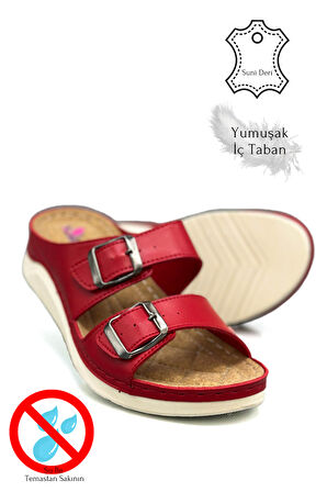 Çift Bant Tokalı Yumuşak ve Hafif Kalın Tabanlı Kadın Terlik Spor Terlik 521/1 Kırmızı