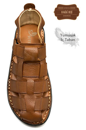 Sermoda Hakiki Deri Burnu Kapalı Erkek Sandalet Taba