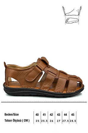 Sermoda Hakiki Deri Burnu Kapalı Erkek Sandalet Taba