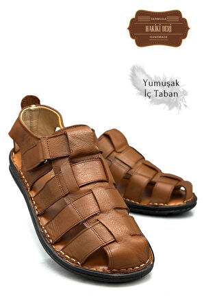 Sermoda Hakiki Deri Burnu Kapalı Erkek Sandalet Taba