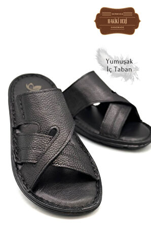 Hakiki Gerçek Deri Erkek Terlik Hafif Terlik Deri G Şır Siyah