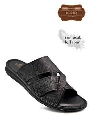 Hakiki Gerçek Deri Erkek Terlik Hafif Terlik Deri G Şır Siyah