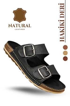 Sermoda Çift Tokalı Ayarlanabilir Hakiki Deri Erkek Terlik Doğal Deri Terlik T Siyah