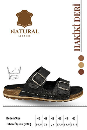 Sermoda Çift Tokalı Ayarlanabilir Hakiki Deri Erkek Terlik Doğal Deri Terlik T Siyah