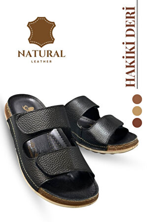 Sermoda Çift Cırtlı Hakiki Deri Erkek Terlik Doğal Deri Terlik C Siyah