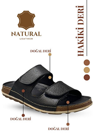 Sermoda Çift Cırtlı Hakiki Deri Erkek Terlik Doğal Deri Terlik C Siyah