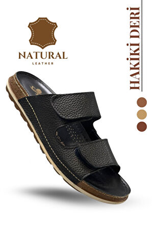 Sermoda Çift Cırtlı Hakiki Deri Erkek Terlik Doğal Deri Terlik C Siyah